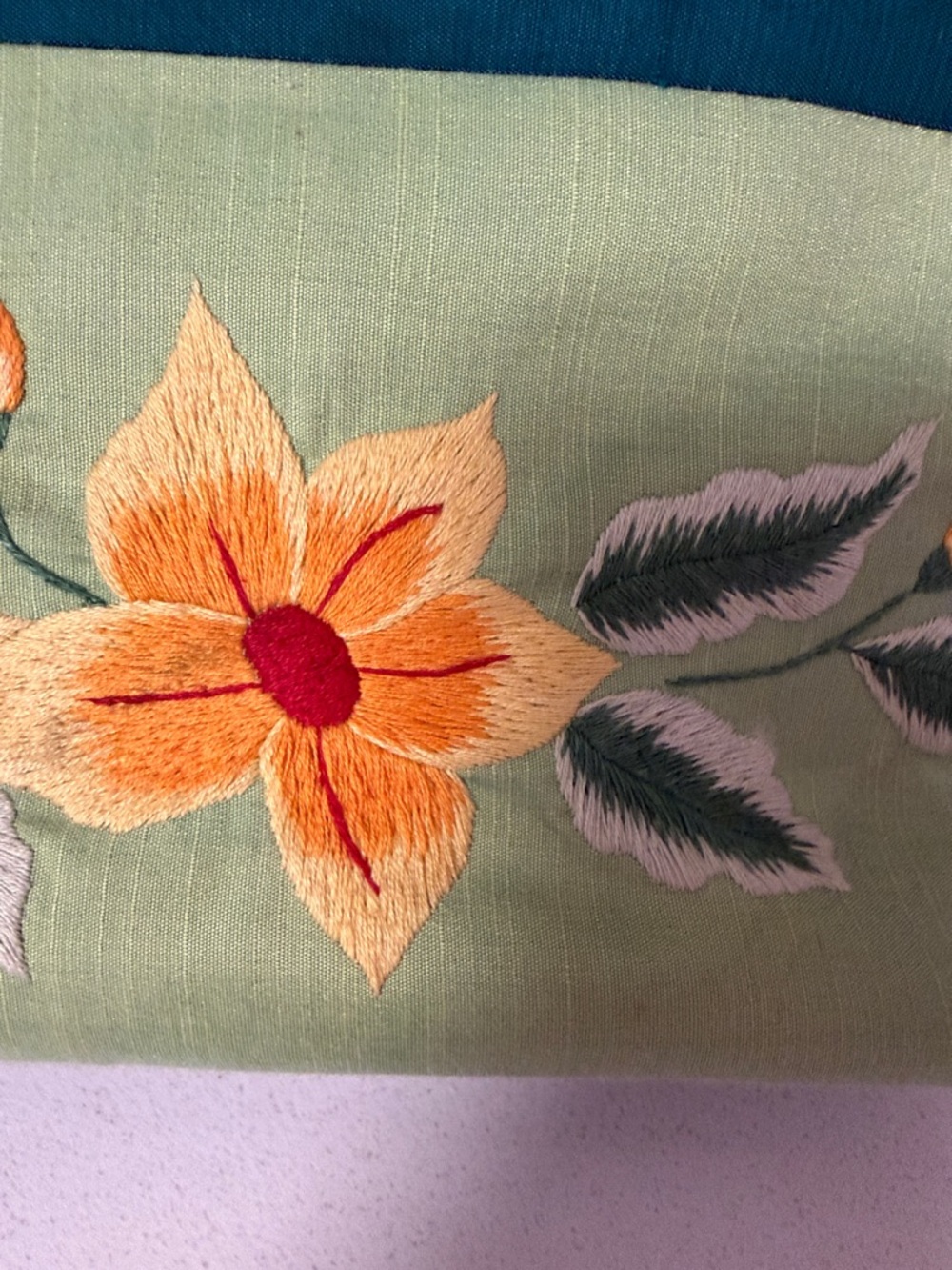 Floral Embroidered Satin Green Tote Bag with Teal Accent - Picture 2 of 6